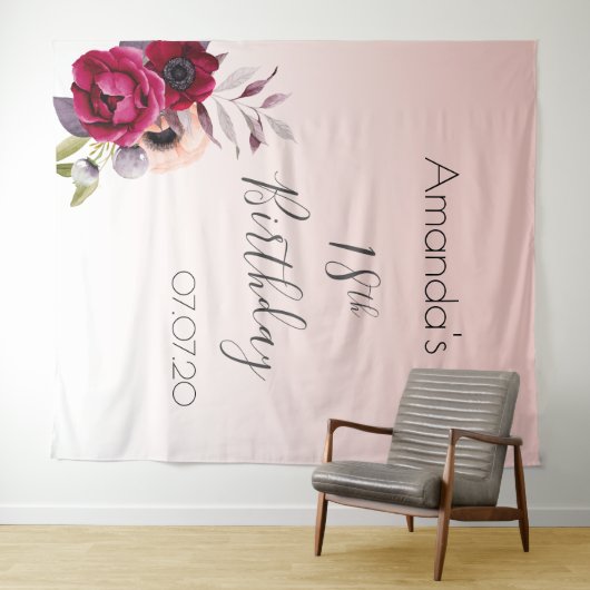 18e verjaardag roos gouden zwarte roze floralen wandkleed (In Situ (horizontaal))