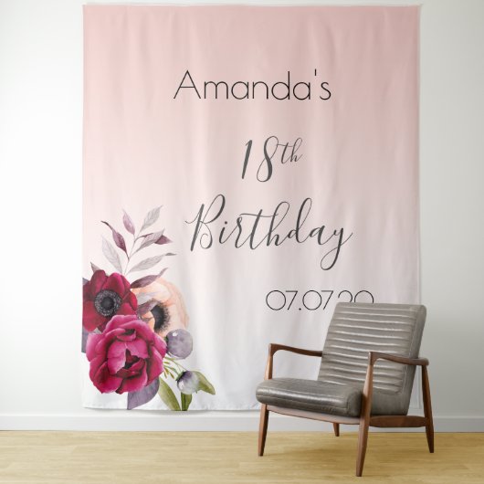 18e verjaardag roos gouden zwarte roze floralen wandkleed (In situ)