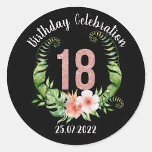 18e verjaardag roos goudglitter aangepaste tekst ronde sticker