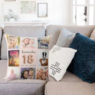 18e verjaardag roos goudkleurig roze fotocollage kussen