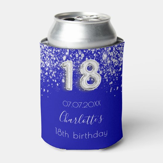 18e verjaardag royal blue Silver glitter name Blikjeskoeler (Blikje Voorkant)