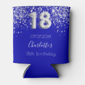 18e verjaardag royal blue Silver glitter name Blikjeskoeler (Voorkant)
