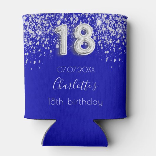 18e verjaardag royal blue Silver glitter name Blikjeskoeler (Achterkant)