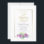 18e verjaardag Roze blauwe Floral Gold Border Dinn Kaart<br><div class="desc">Een gouden roze en blauwe floral 18th verjaardagsfeest uitnodiging.</div>