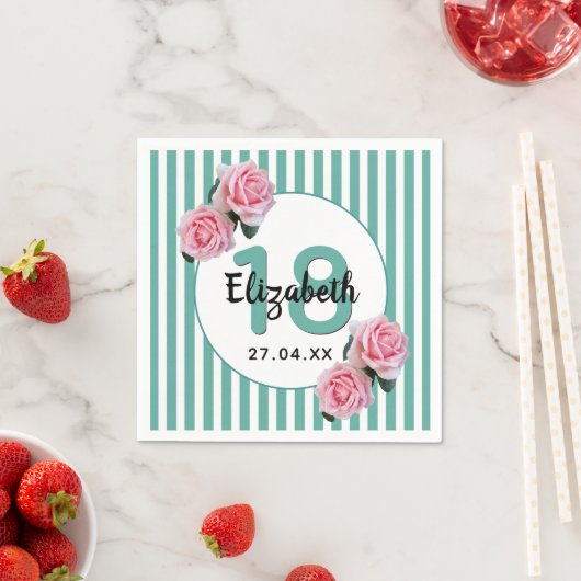 18e verjaardag roze bloemen blauwgroen groene stre servet (Insitu)