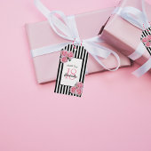 18e verjaardag roze bloemen rozen zwarte strepen cadeaulabel