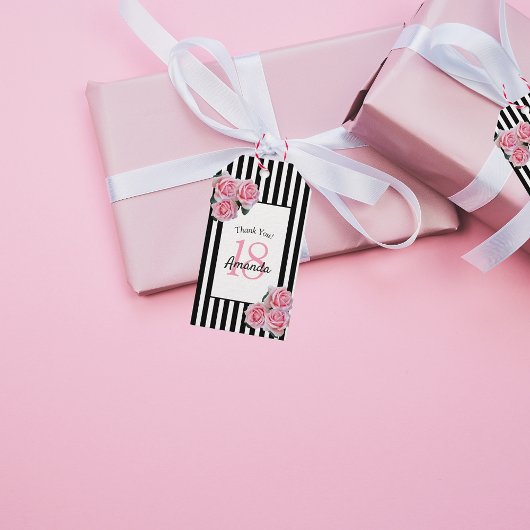 18e verjaardag roze bloemen rozen zwarte strepen cadeaulabel
