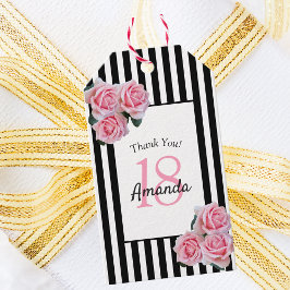 18e verjaardag roze bloemen rozen zwarte strepen cadeaulabel