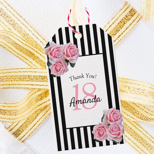 18e verjaardag roze bloemen rozen zwarte strepen cadeaulabel