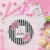 18e verjaardag roze bloemen zwart witte strepen papieren bordje (Feest)