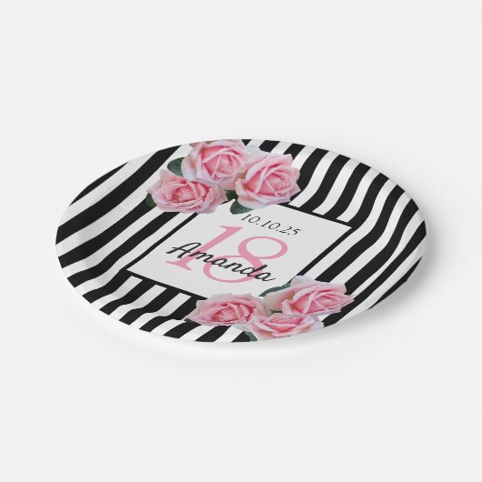18e verjaardag roze bloemen zwart witte strepen papieren bordje (Gekanteld)