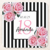 18e verjaardag roze bloemen zwarte witte strepen kartonnen onderzetters (Voorkant)