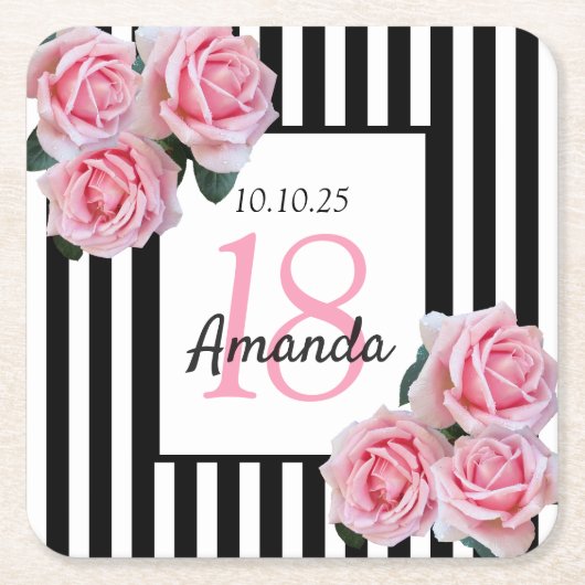 18e verjaardag roze bloemen zwarte witte strepen kartonnen onderzetters (Voorkant)