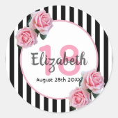 18e verjaardag roze floralen zwarte strepen naam ronde sticker (Voorkant)