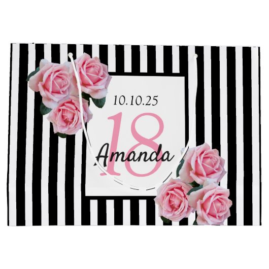 18e verjaardag roze floralen zwarte witte strepen groot cadeauzakje (Achterkant)