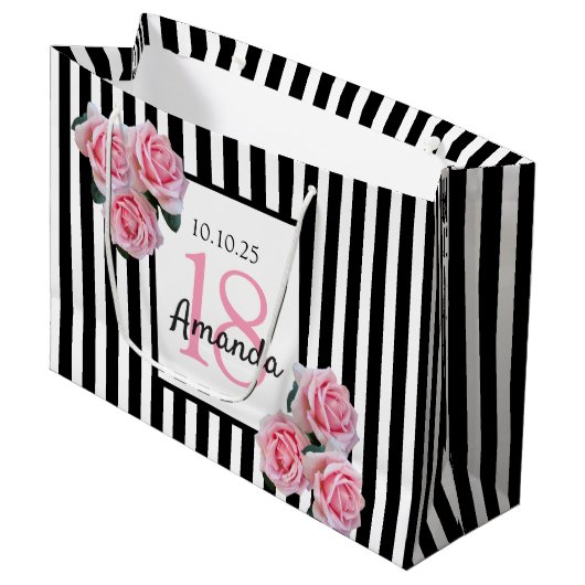 18e verjaardag roze floralen zwarte witte strepen groot cadeauzakje (Voorkant Gekanteld)