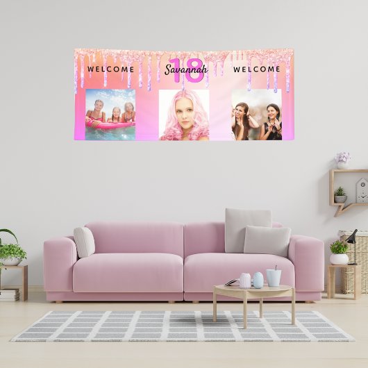 18e verjaardag roze foto glitter welkom spandoek