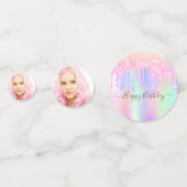 18e verjaardag roze foto holografisch confetti (Achterkanten)