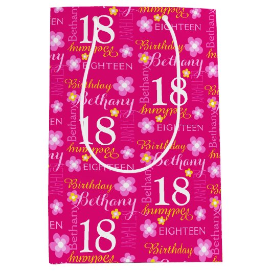 18e verjaardag roze gele aangepaste naam geschenkt medium cadeauzakje (Voorkant)
