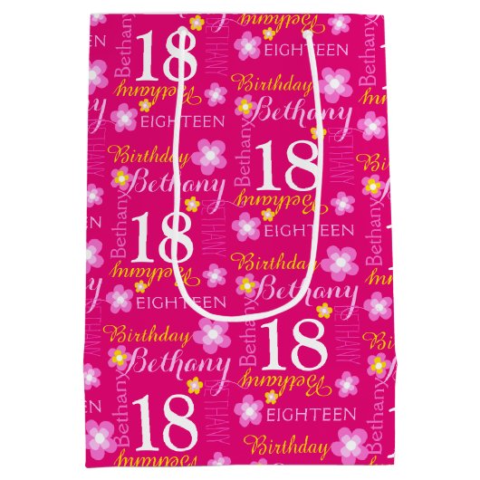 18e verjaardag roze gele aangepaste naam geschenkt medium cadeauzakje (Achterkant)