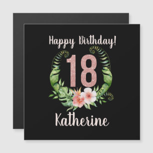 18e Verjaardag Roze Glitter Bloemen Naam Kaart