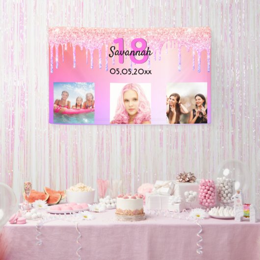 18e verjaardag roze glitter druppels foto spandoek (Feest)