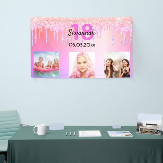 18e verjaardag roze glitter druppels foto spandoek (Beurs)
