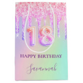 18e verjaardag roze glitter druppels regenboog mon medium cadeauzakje (Voorkant)