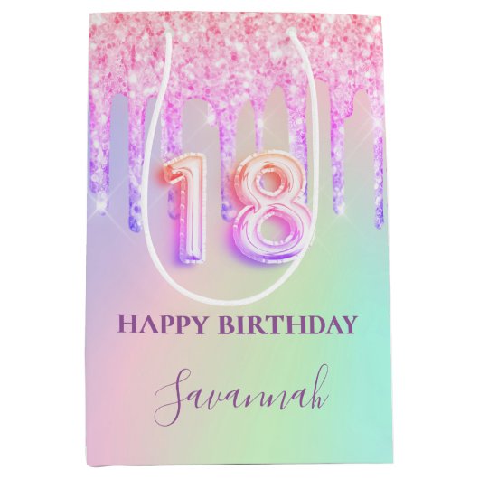 18e verjaardag roze glitter druppels regenboog mon medium cadeauzakje (Voorkant)