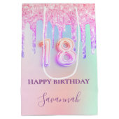 18e verjaardag roze glitter druppels regenboog mon medium cadeauzakje (Achterkant)