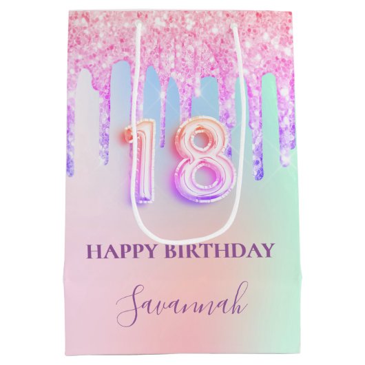 18e verjaardag roze glitter druppels regenboog mon medium cadeauzakje (Achterkant)