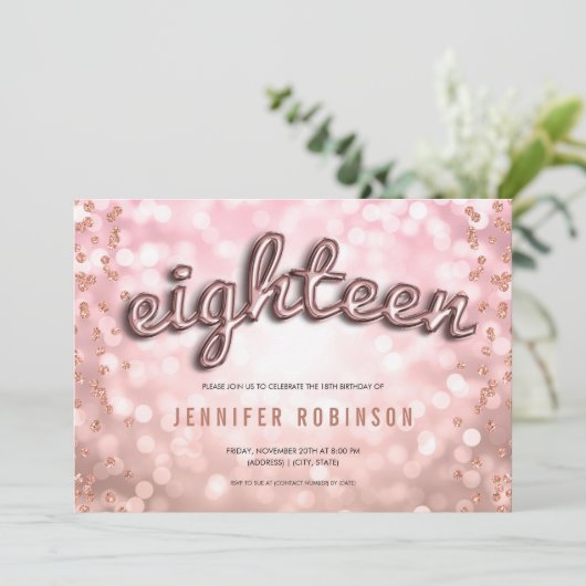 18e Verjaardag Roze Goud Blush Ballonnen Glitter Kaart (Staand voorkant)
