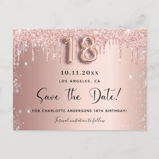 18e verjaardag roze goud zilveren blush save the d aankondigingskaart (Voorkant)