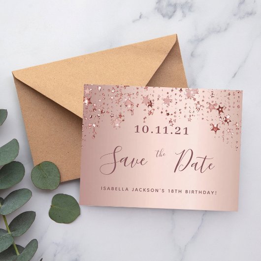 18e verjaardag roze gouden blush sterren save the briefkaart