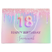 18e verjaardag roze paarse druppels holografisch groot cadeauzakje (Voorkant)