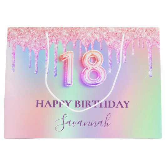18e verjaardag roze paarse druppels holografisch groot cadeauzakje (Voorkant)