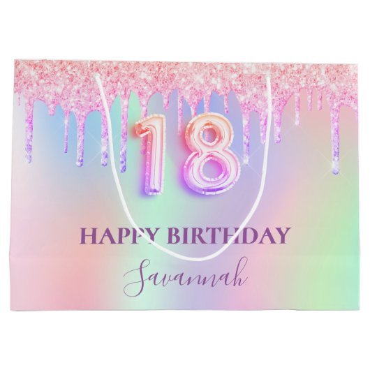 18e verjaardag roze paarse druppels holografisch groot cadeauzakje (Achterkant)