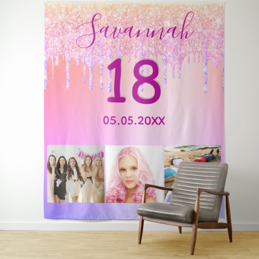 18e verjaardag roze paarse foto glitter druppelt n wandkleed (In situ)