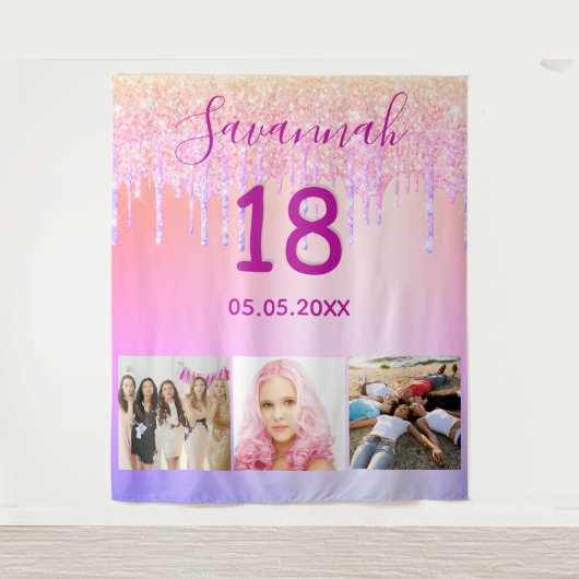 18e verjaardag roze paarse foto glitter druppelt n wandkleed (Voorkant)