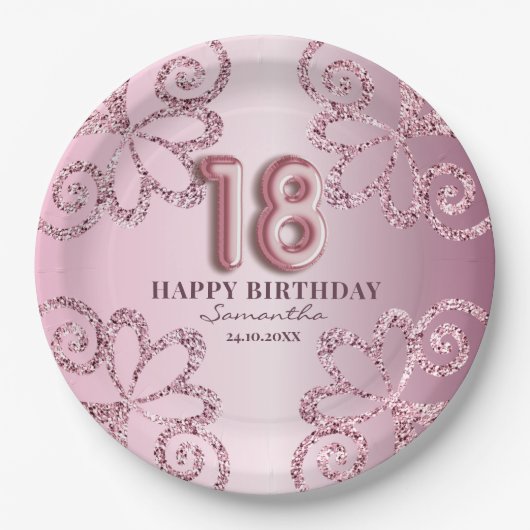 18e Verjaardag Roze Prinses Glitter Ballon Script Papieren Bordje (Voorkant)
