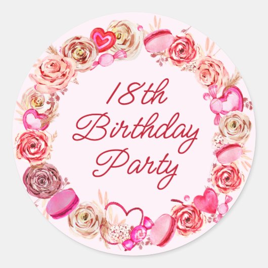 18e verjaardag roze roos swirly hart envelop ronde sticker (Voorkant)