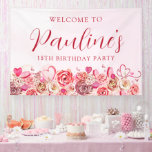 18e verjaardag roze roos swirly hart welkom spandoek<br><div class="desc">Meisjes van alle leeftijden zullen dol zijn op dit vrouwelijke ontwerp. roze waterverf rozen en grillige swirly harten creëer het perfecte 18e verjaardagswelkom teken voor een februari of Valentijnsdag. Snoep en macarons voegen toe aan het zoete ontwerp. De zachtste roze waterverf wassen lijsten de tekst en afbeeldingen perfect. Alle tekst...</div>