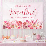 18e verjaardag roze roos swirly hart welkom spandoek<br><div class="desc">Meisjes van alle leeftijden zullen dol zijn op dit vrouwelijke ontwerp. roze waterverf rozen en grillige swirly harten creëer het perfecte 18e verjaardagswelkom teken voor een februari of Valentijnsdag. Snoep en macarons voegen toe aan het zoete ontwerp. De zachtste roze waterverf wassen lijsten de tekst en afbeeldingen perfect. Alle tekst...</div>