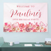 18e verjaardag roze roos swirly hart welkom spandoek (Beurs)