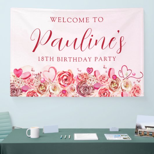 18e verjaardag roze roos swirly hart welkom spandoek (Beurs)