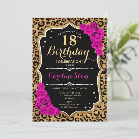 18e verjaardag - Roze Rozen Luipaard Print Kaart (Staand voorkant)