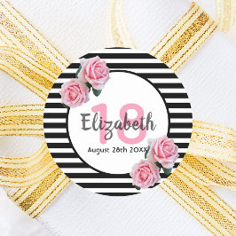 18e verjaardag roze rozen op zwarte witte strepen ronde sticker