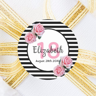 18e verjaardag roze rozen op zwarte witte strepen ronde sticker