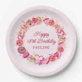 18e verjaardag roze rozen swirly hart papieren bordje (Voorkant)