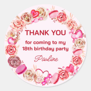 18e verjaardag roze rozen swirly hart ronde sticker
